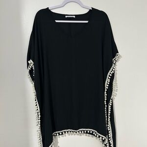 Chic Black Kimono with‎ White Pom-Pom Trim